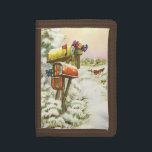 Vintage Christmas, Mailboxes in Winter Landscape ナイロン三つ折りウォレット<br><div class="desc">ヴィンテージイラストレーションビクトリアンエラメリークリスマスの休日の画像は、雪の上にクリスマスのメールと冬のプレゼントで満たされたメールボックスの雪の風景を特徴とする。馬描車が雪の通りを横に木々と森で走っている。ハッピーホリデーと季節のご挨拶！</div>