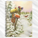 Vintage Christmas, Mailboxes in Winter Landscape ノートブック<br><div class="desc">ヴィンテージイラストレーションビクトリアンエラメリークリスマスの休日の画像は、雪の上にクリスマスのメールと冬のプレゼントで満たされたメールボックスの雪の風景を特徴とする。馬描車が雪の通りを横に木々と森で走っている。ハッピーホリデーと季節のご挨拶！</div>