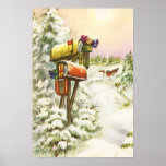 Vintage Christmas, Mailboxes in Winter Landscape ポスター<br><div class="desc">ヴィンテージイラストレーションビクトリアンエラメリークリスマスの休日の画像は、雪の上にクリスマスのメールと冬のプレゼントで満たされたメールボックスの雪の風景を特徴とする。馬描車が雪の通りを横に木々と森で走っている。ハッピーホリデーと季節のご挨拶！</div>