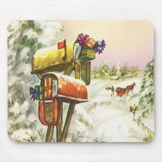 Vintage Christmas, Mailboxes in Winter Landscape マウスパッド (正面)