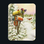 Vintage Christmas, Mailboxes in Winter Landscape マグネット<br><div class="desc">ヴィンテージイラストレーションビクトリアンエラメリークリスマスの休日の画像は、雪の上にクリスマスのメールと冬のプレゼントで満たされたメールボックスの雪の風景を特徴とする。馬描車が雪の通りを横に木々と森で走っている。ハッピーホリデーと季節のご挨拶！</div>