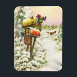 Vintage Christmas, Mailboxes in Winter Landscape マグネット<br><div class="desc">ヴィンテージイラストレーションビクトリアンエラメリークリスマスの休日の画像は、雪の上にクリスマスのメールと冬のプレゼントで満たされたメールボックスの雪の風景を特徴とする。馬描車が雪の通りを横に木々と森で走っている。ハッピーホリデーと季節のご挨拶！</div>