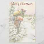 Vintage Christmas, Mailboxes in Winter Landscape 便箋<br><div class="desc">ヴィンテージイラストレーションビクトリアンエラメリークリスマスの休日の画像は、雪の上にクリスマスのメールと冬のプレゼントで満たされたメールボックスの雪の風景を特徴とする。馬描車が雪の通りを横に木々と森で走っている。ハッピーホリデーと季節のご挨拶！</div>