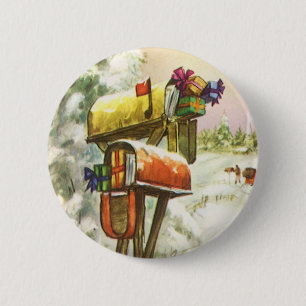 Vintage Christmas, Mailboxes in Winter Landscape 缶バッジ