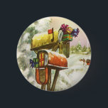 Vintage Christmas, Mailboxes in Winter Landscape 缶バッジ<br><div class="desc">Vintage illustration Victorian Era Merry Christmas holiday image featuring a snowscape with snow covered mailboxes filled with Christmas mail and presents in winter. A horse drawn carriage is driving down the snowy street with trees and a forest on the side. Happy Holidays and Season's Greetings!</div>