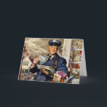 Vintage Christmas, Mailman Delivering Mail Letters シーズンカード<br><div class="desc">簡単カスタマイズのクリスマスカード名を追加！または、休日のメッセージを選択のホリデーメッセージに変更する。ヴィンテージイラストレーションのビジネスイメージは、クリスマスイブでも手紙を届ける幸せな郵便配達を特徴とする！</div>