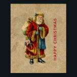 Vintage Christmas Old World Santa Claus ポスター<br><div class="desc">A poster with a vintage Old World Christmas Santa Claus. Classic old world santa, wearing his famous red coat and carrying a bag full of toys. This old-fashioned Santa, is slim and holds a walking stick for travelling throughout the land gifting toys to all the girls and boys. Old parchment...</div>