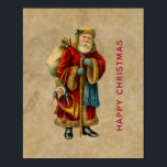 Vintage Christmas Old World Santa Claus ポスター<br><div class="desc">A poster with a vintage Old World Christmas Santa Claus. Classic old world santa, wearing his famous red coat and carrying a bag full of toys. This old-fashioned Santa, is slim and holds a walking stick for travelling throughout the land gifting toys to all the girls and boys. Old parchment...</div>