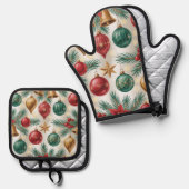 Vintage Christmas Ornaments and Pine  鍋つかみ&鍋敷きセット (正面/裏面)