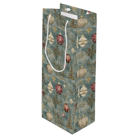 Vintage Christmas Ornaments on Blue ワインギフトバッグ (正面アングル)