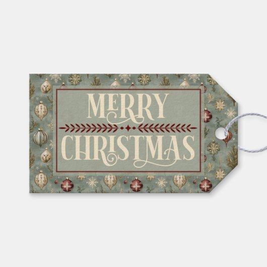 Vintage Christmas Ornaments on Sage ギフトタグ (正面(横))