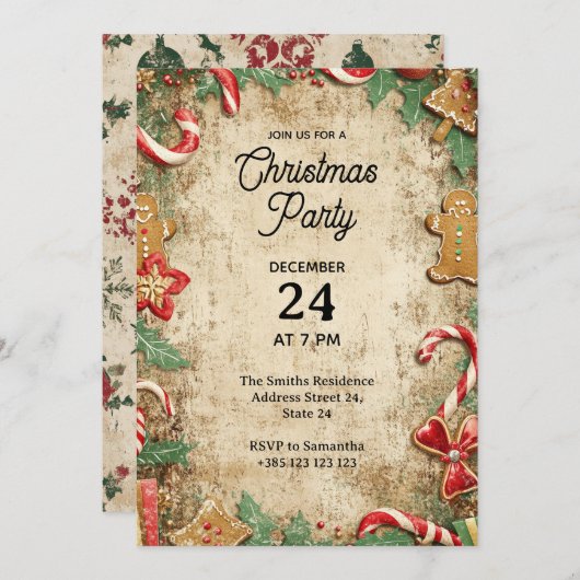 Vintage Christmas Party Invitation 招待状 (正面/裏面)