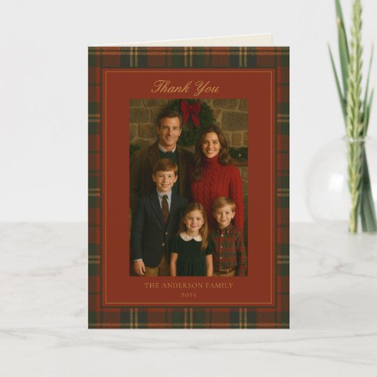 Vintage Christmas Plaid Traditional Family サンキューカード (正面)