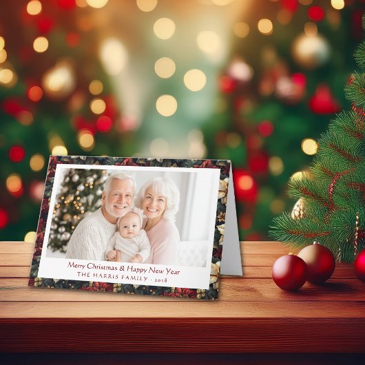 Vintage Christmas Poinsettias Folded Holiday Card カード