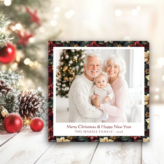 Vintage Christmas Poinsettias Square Flat Card シーズンカード