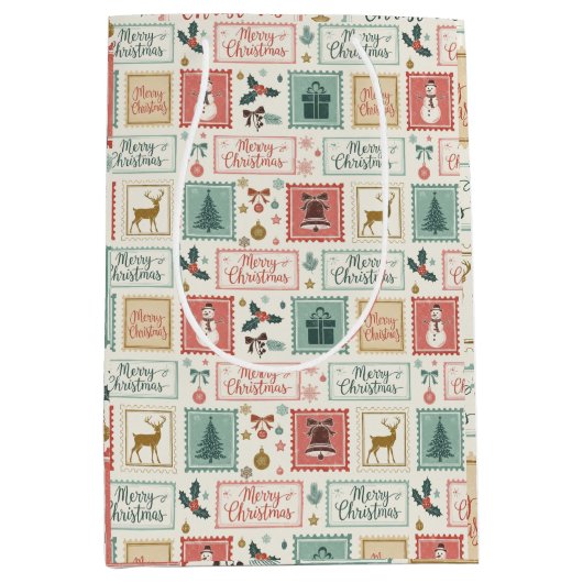 Vintage Christmas Postage Pattern ミディアムペーパーバッグ (正面)