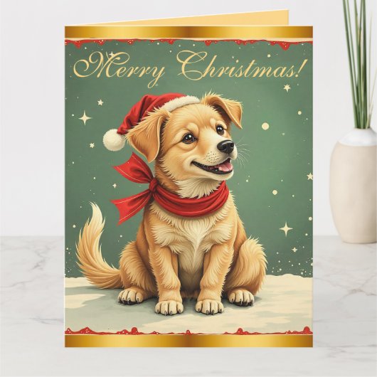 Vintage Christmas Puppy Retro Christmas カード (正面)