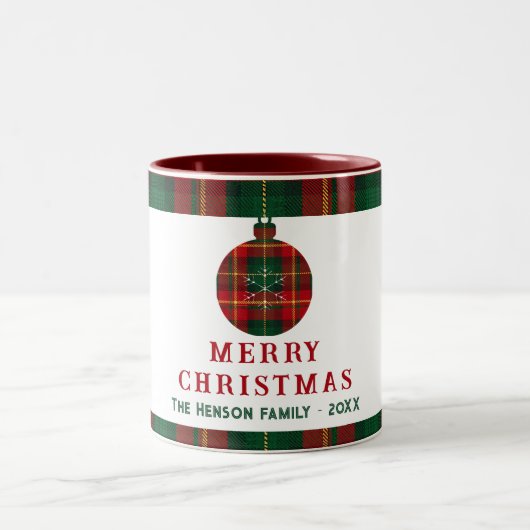 Vintage Christmas Red Green Tartar Plaid Family ツートーンマグカップ (中央)
