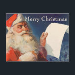 Vintage Christmas, Santa Claus いけな Nice List シーズンポストカード<br><div class="desc">ヴィンテージイラストレーションメリークリスマスの休日の画像すてきは、サンタクロースが赤い帽子を被り、クリスマスイブに彼のいけなまたは素敵なリストをチェックする。</div>
