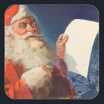 Vintage Christmas, Santa Claus いけな Nice List スクエアシール<br><div class="desc">ヴィンテージイラストレーションメリークリスマスの休日の画像すてきは、サンタクロースが赤い帽子を被り、クリスマスイブに彼のいけなまたは素敵なリストをチェックする。</div>