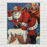 Vintage Christmas, Santa Claus Down Chimney w Toys ジグソーパズル<br><div class="desc">Vintage illustration Merry Christmas holiday design featuring a jolly Santa Claus on a snow covered roof climbing down the chimney with a sack full of toys,  wrapped presents,  teddy bears and drums on Christmas Eve. Happy Holidays and Season's Greetings!</div>