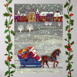 Vintage Christmas, Santa Claus Horse Open Sleigh ポスター<br><div class="desc">Vintage illustration Victorian Merry Christmas holiday image featuring a jolly Santa Claus riding in a one horse open sleigh on Christmas Eve. It is snowing during the winter with a sleepy town in the distance. White trees covered with their branches covered in snow while snowflakes fall gently from the night...</div>