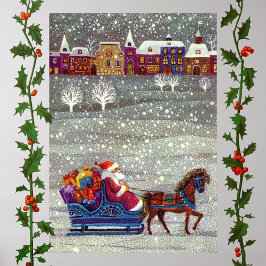 Vintage Christmas, Santa Claus Horse Open Sleigh ポスター