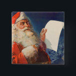 Vintage Christmas, Santa Claus Naughty Nice List 缶バッジ<br><div class="desc">Vintage illustration Merry Christmas holiday image featuring a jolly Santa Claus wearing his red hat and checking his naughty or nice list on Christmas Eve.</div>