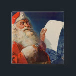 Vintage Christmas, Santa Claus Naughty Nice List 缶バッジ<br><div class="desc">Vintage illustration Merry Christmas holiday image featuring a jolly Santa Claus wearing his red hat and checking his naughty or nice list on Christmas Eve.</div>