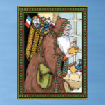 Vintage Christmas, Santa Claus Toys Clogs Shoes ポスター<br><div class="desc">Vintage illustration Victorian style Merry Christmas holiday Santa Claus image featuring Saint Nicholas dressed in a brown coat holding putting an orange into a wooden clog shoe. He is carrying a sack full of toys and a French flag on his back. More shoes with toys, candy and oranges are on...</div>