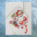 Vintage Christmas, Santa Claus with Candy Canes ジグソーパズル<br><div class="desc">Vintage illustration Christmas holiday image featuring a retro Santa Claus with candy canes,  Christmas bells and a sack full of toys inside a diamond shape with stars.</div>