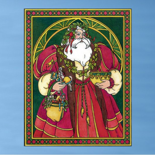 Vintage Christmas, Santa Claus with Holly Leaves ポスター