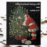 Vintage Christmas, Santa Claus with Presents ジグソーパズル<br><div class="desc">Vintage illustration Merry Christmas holiday design featuring a jolly Santa Claus lighting candles on a decorated Christmas tree with wrapped gifts and presents underneath. Season's Greetings and Happy Holidays!!  Ho,  ho,  ho!</div>