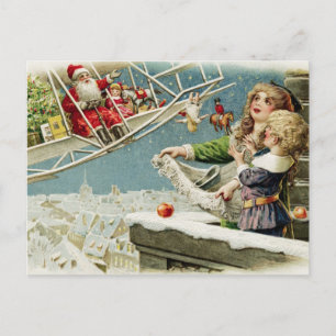 Vintage Christmas Santa in the Airplane and Kids ポストカード