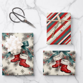 Vintage Christmas Santa’s Boots & Bows ラッピングペーパーシート