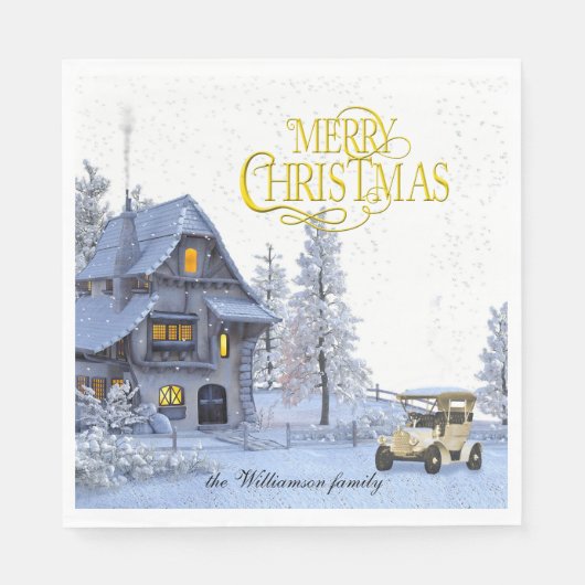 Vintage Christmas scene Merry Christmas and Photo スタンダードランチョンナプキン (正面)