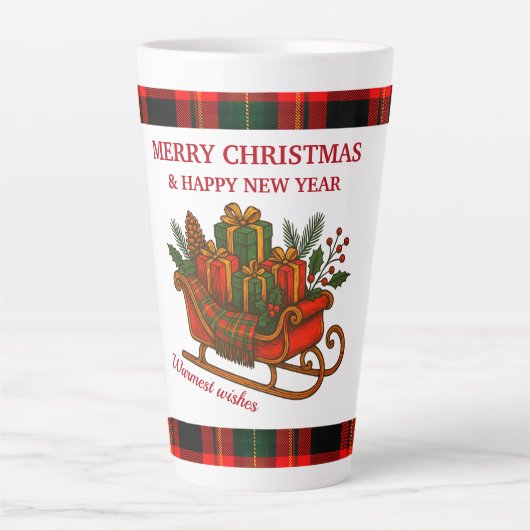 Vintage Christmas Sleigh with Gifts and Plaid  カフェラテマグ (正面)