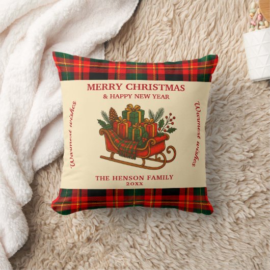 Vintage Christmas Sleigh with Gifts and Plaid  クッション (ブランケット)