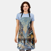 Vintage Christmas Snowy City Street Scene エプロン (着用した状態)