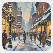 Vintage Christmas Snowy City Street Scene スクエアシール (正面)
