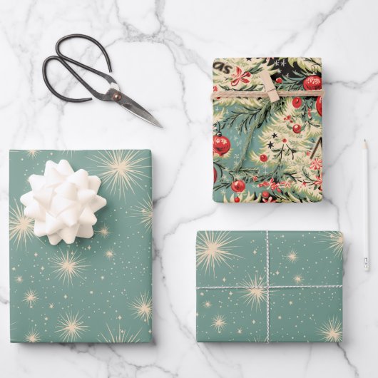 Vintage Christmas Starbursts Soft Blue ラッピングペーパーシート (正面)