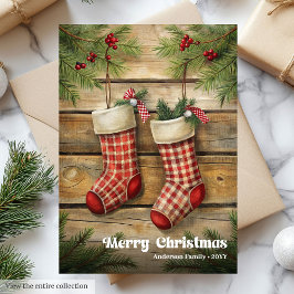 Vintage Christmas stocking traditional pine wreath シーズンカード