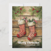Vintage Christmas stocking traditional pine wreath シーズンカード (正面)