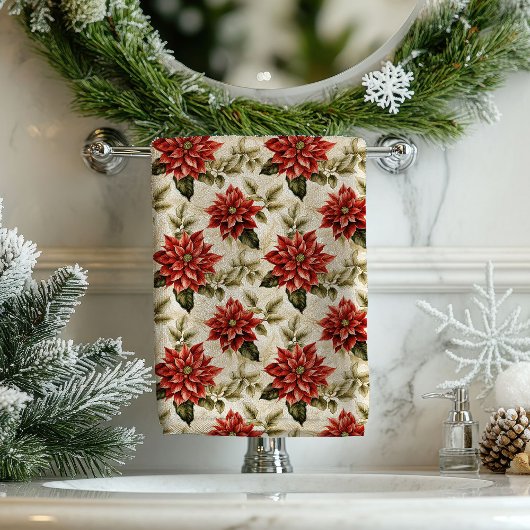 Vintage Christmas Tablecloth Poinsettia Pattern バスタオルセット