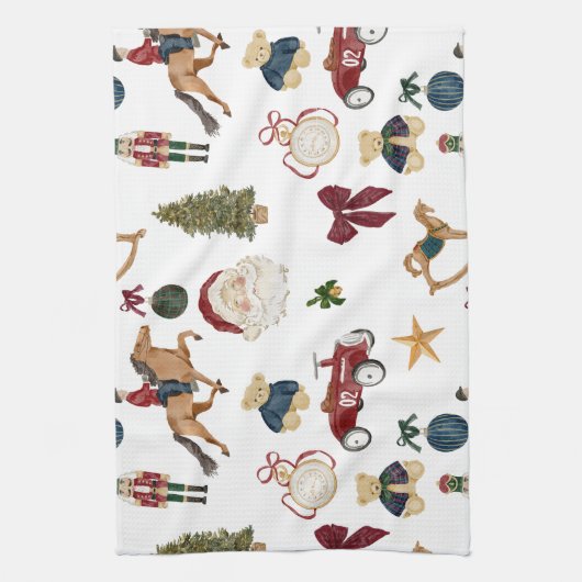 Vintage Christmas Toys Pattern  キッチンタオル (縦)