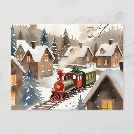 Vintage Christmas Train in Snowy Village Postcard ポストカード (正面)