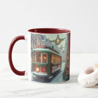 Vintage Christmas Tram in Snowy Town マグカップ