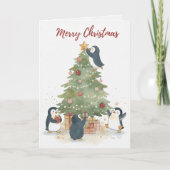 Vintage Christmas Tree Penguins Card カード (正面)