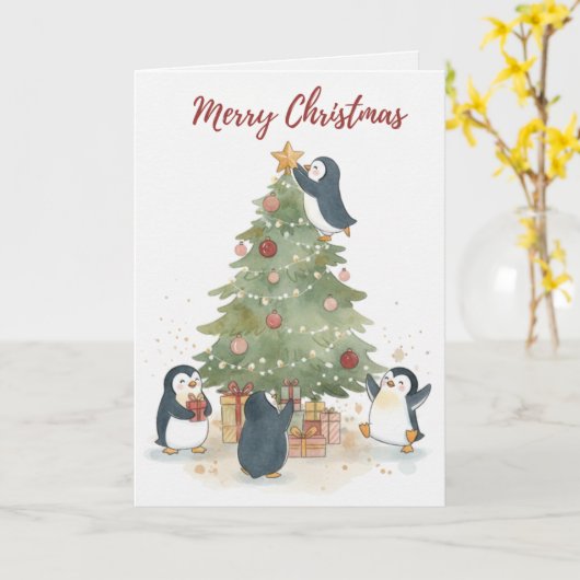 Vintage Christmas Tree Penguins Card カード (黄色い花)