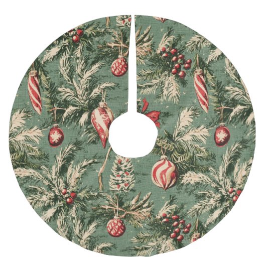 Vintage Christmas Tree Skirt | Retro Ornaments ブラッシュドポリエステルツリースカート (正面)